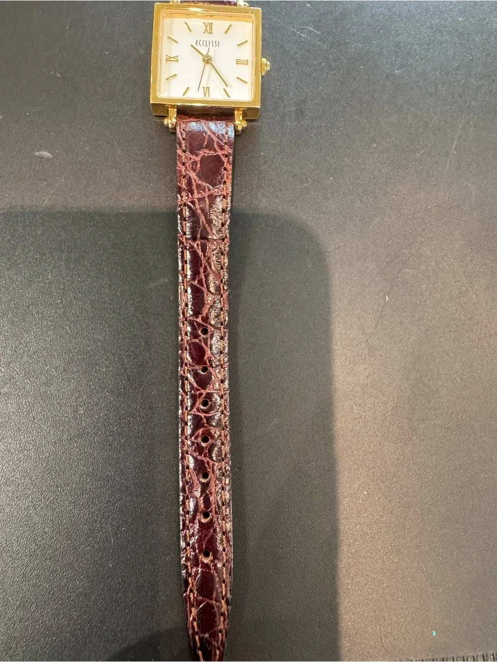 Ecclissi Gold Tone Square Watch with White Roman Dial & Brown Croc Leather Strap